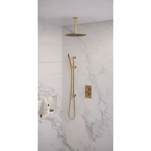 Regendoucheset Inbouw Brauer Gold Edition Thermostatisch 30cm met 3-Weg Omstelling, Plafondarm, Glijstang en Staaf Handdouche Geborsteld Goud 