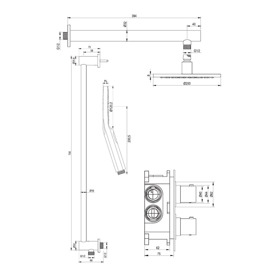 Regendoucheset Inbouw Brauer Gold Edition Thermostatisch 20cm met 3-Weg Omstelling, Wandarm, Glijstang en Handdouche 3-Standen Geborsteld Goud