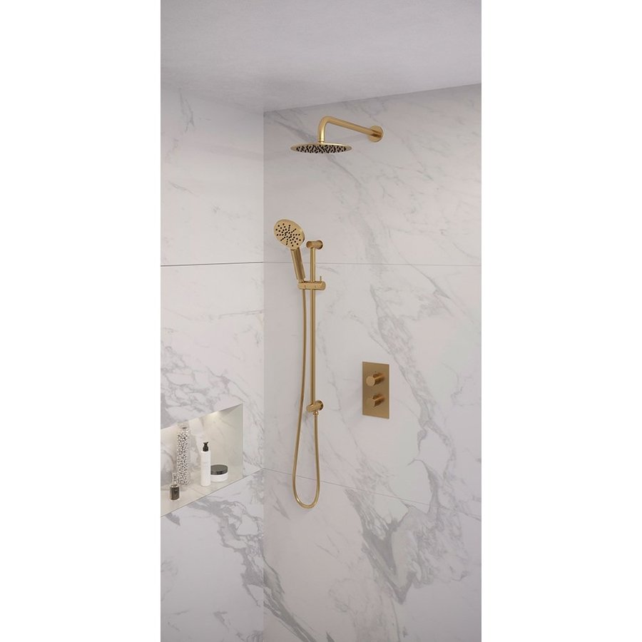Regendoucheset Inbouw Brauer Gold Edition Thermostatisch 20cm met 3-Weg Omstelling, Gebogen Wandarm, Glijstang en Handdouche 3-Standen Geborsteld Goud