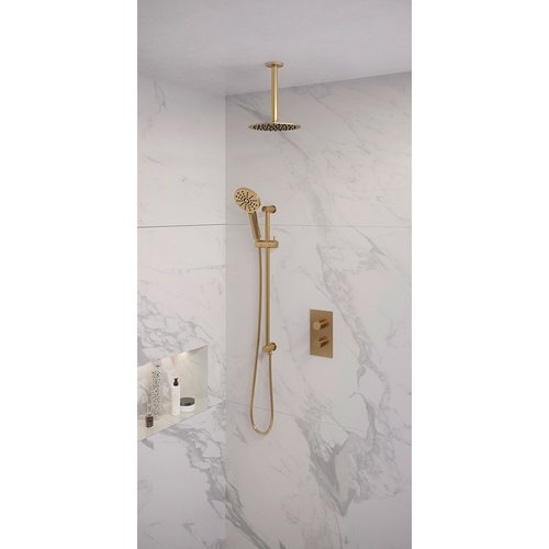 Regendoucheset Inbouw Brauer Gold Edition Thermostatisch 20cm met 3-Weg Omstelling, Plafondarm, Glijstang en Handdouche 3-Standen Geborsteld Goud 