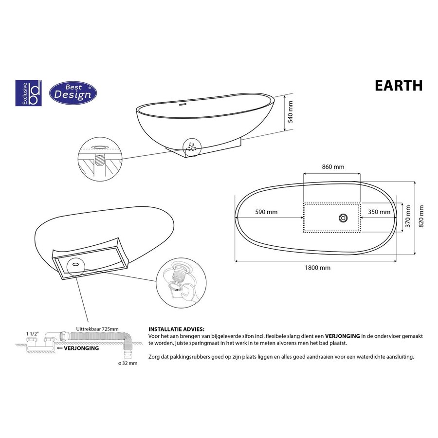 Vrijstaand Bad Best Design Earth 180x84x56 cm Solid Surface Mat Wit
