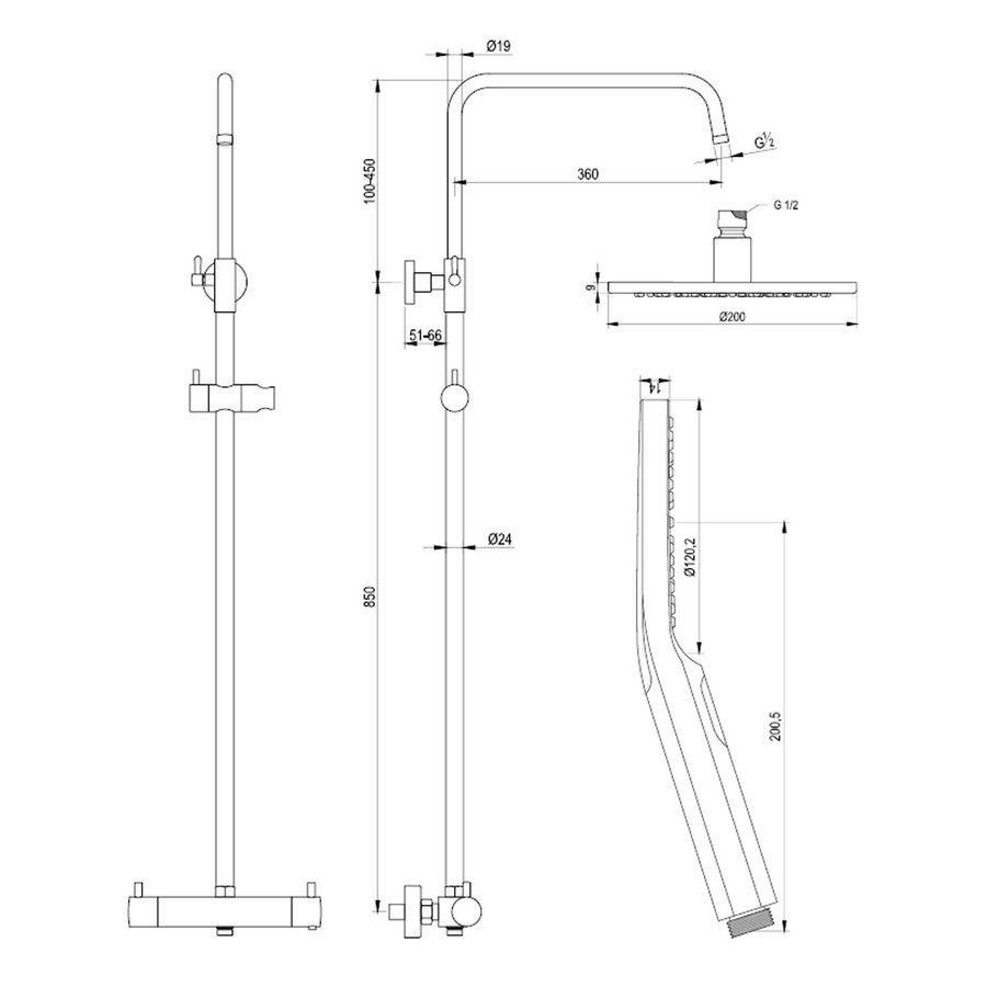Regendoucheset Opbouw Brauer Gold Edition 20 cm Thermostatisch met Handdouche 3-Standen Geborsteld Goud