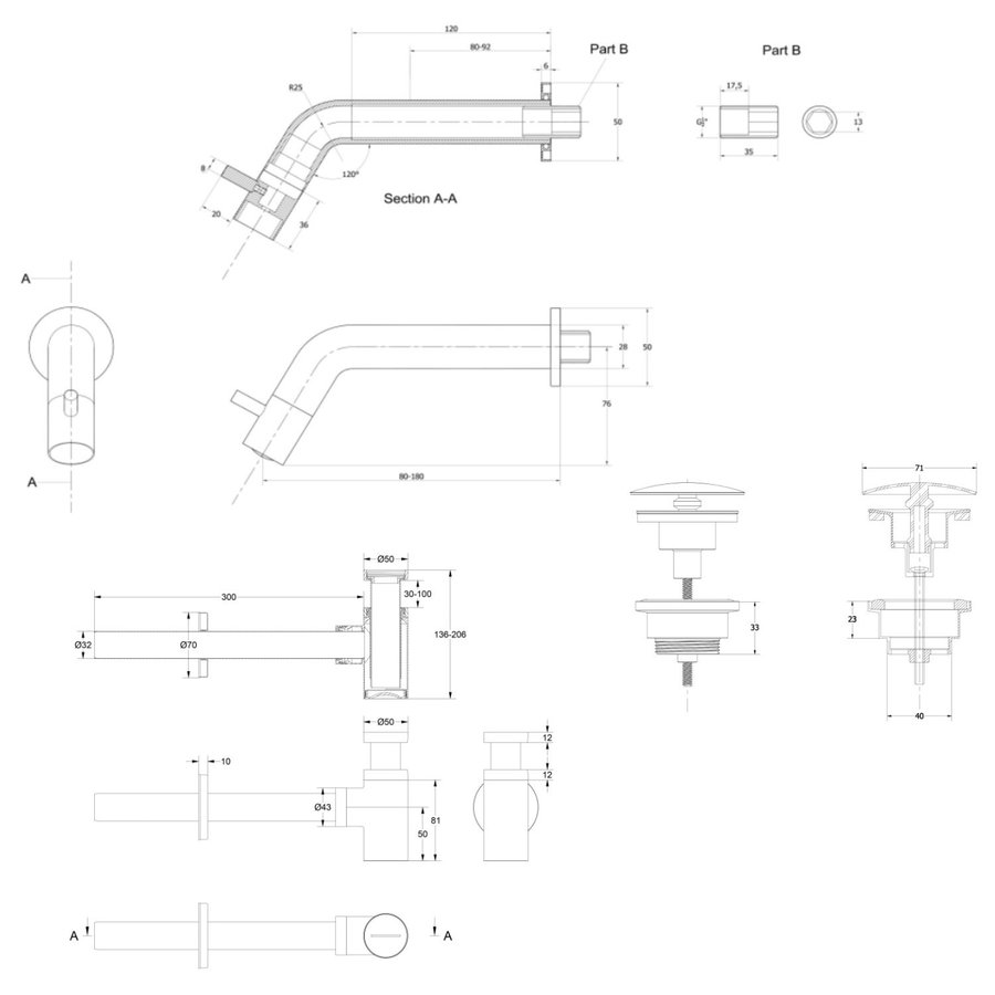 Fonteinkraanset INK Inbouw Inkortbaar Inclusief Waste en Design Sifon Chroom