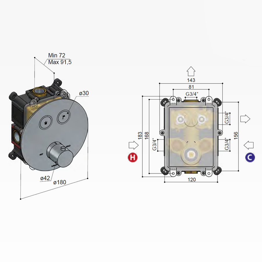 Douchethermostaat Hotbath Cobber Inbouw 2 Pushbuttons Rond Geborsteld Messing PVD (excl. inbouwdeel)