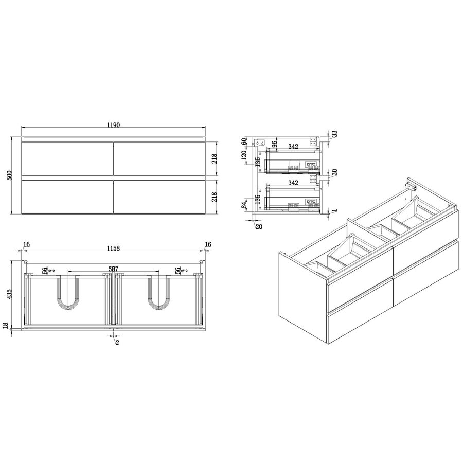 Wiesbaden Vision onderkast dubbel+4 laden 120x46 hoogglans grijs