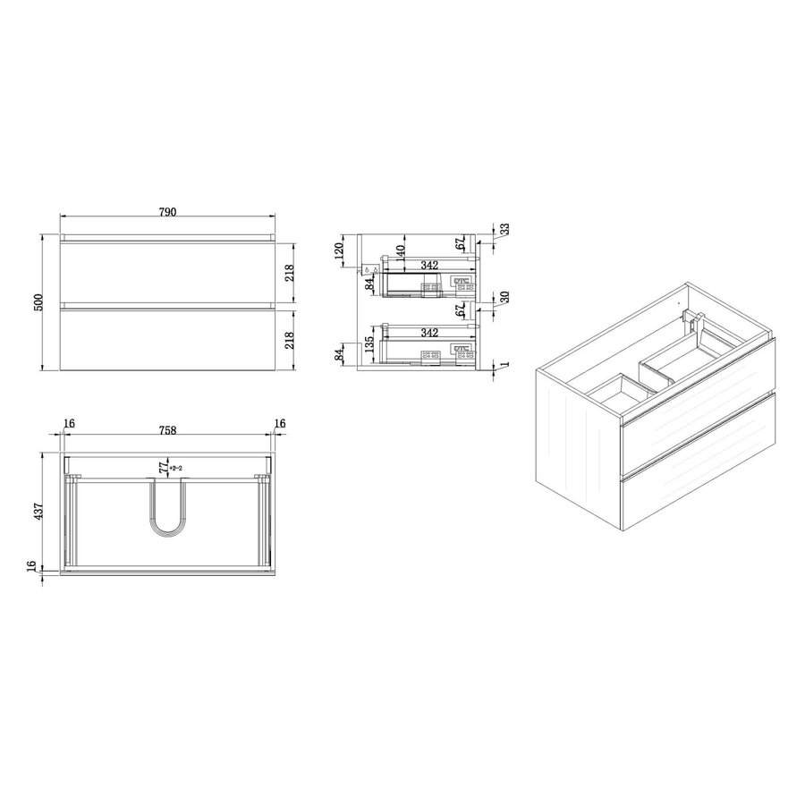 Onderkast Wiesbaden Tigris 80x46x58 cm Gefineerd Houtnerf Grijs (2 lades)