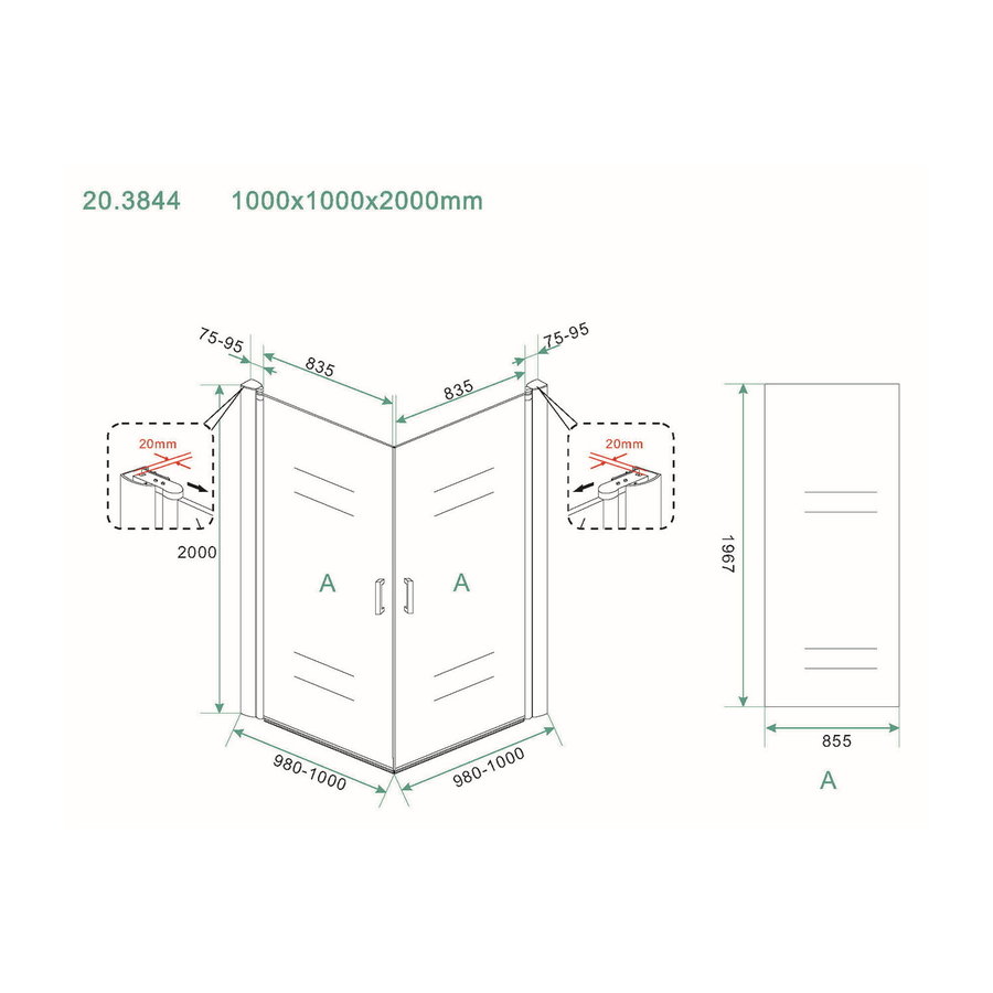 Wiesbaden dubbele swingdeur UNI 1000x1000x2000 chr.8mm NANO