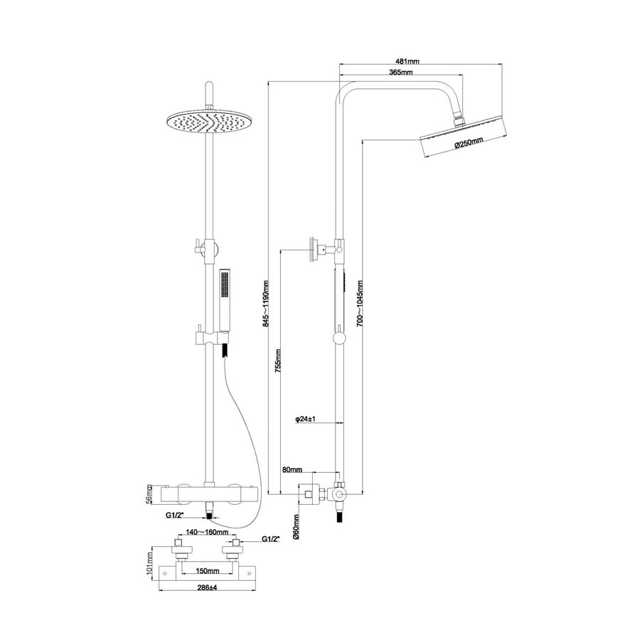 Wiesbaden Caral douche-opbouwset + therm. mengkraan chroom