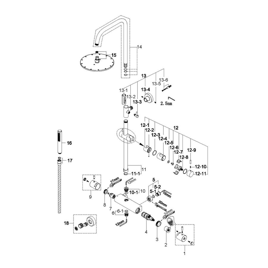 Wiesbaden Caral douche-opbouwset + therm. mengkraan chroom