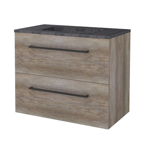 Badmeubelset Aquasplash Salt 80x46cm Met Grepen (Kleurkeuze) 2 Lades Met Wastafel Hardsteen Scotch Oak 