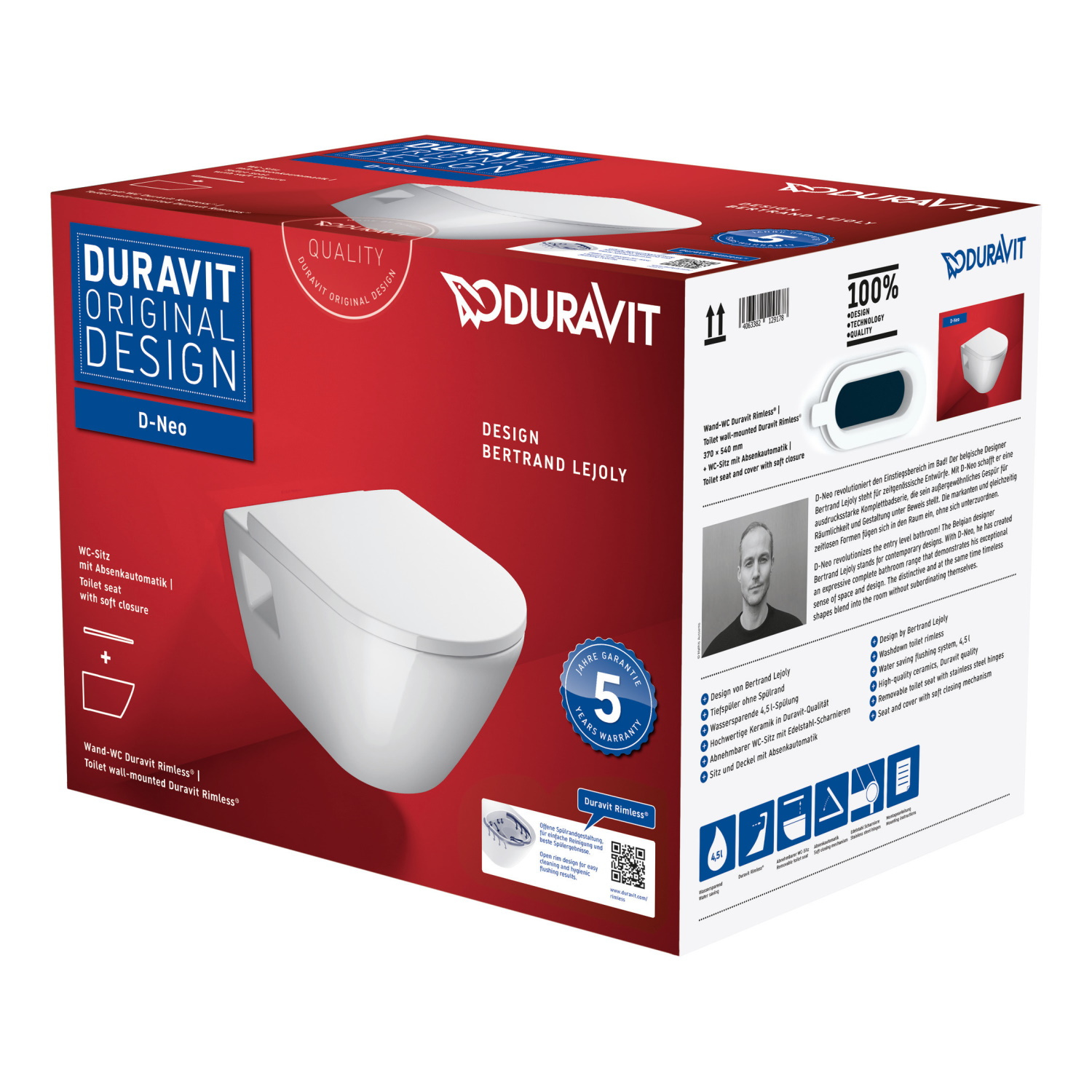 Toilet Duravit D-Neo Wand Set Rimless Diepspoel 54 cm Hoogglans Wit Duravit