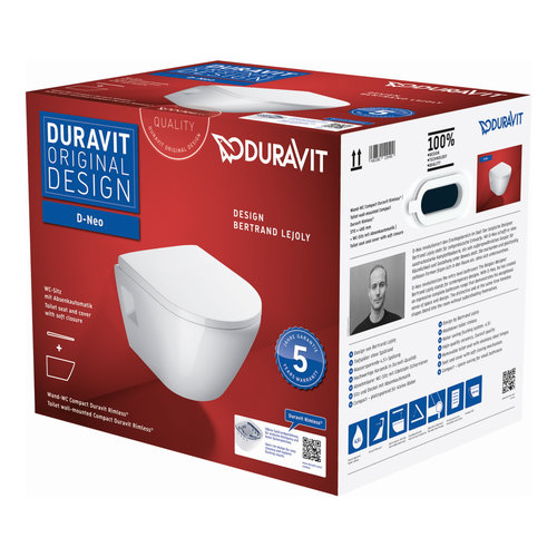 Toilet Duravit D-Neo Wand Compact Set Rimless Diepspoel 48 cm Hoogglans Wit 