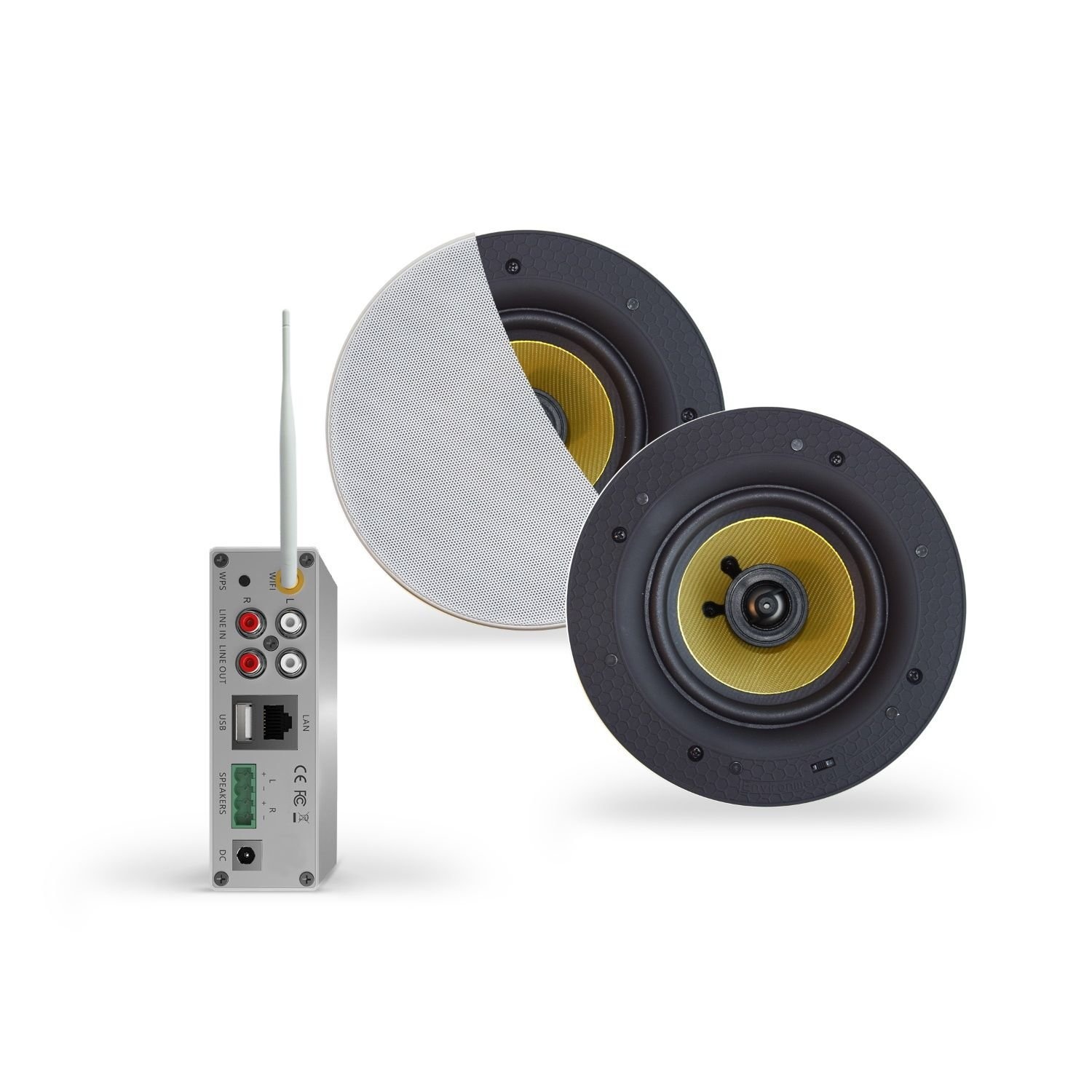 Wifi-Audio Versterker Aquasound Airplay + DLNA 50W Inclusief Speakerset Aquasound Samba 205 mm Wit A