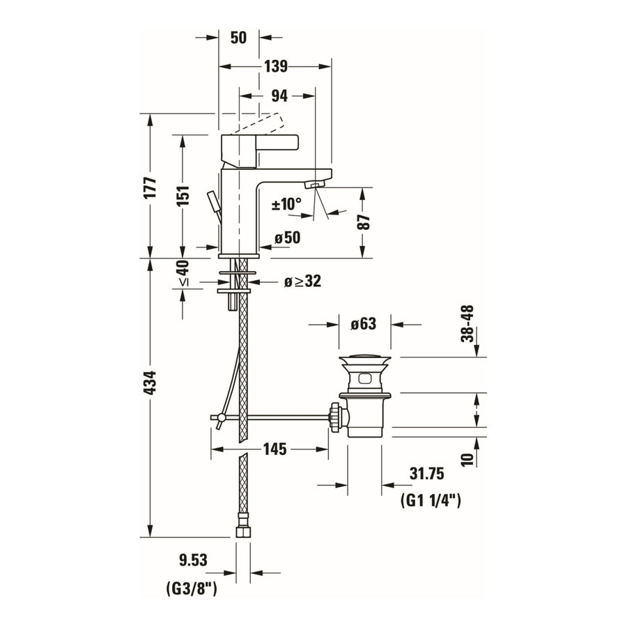 Wastafelkraan Duravit D-Neo Mengkraan Eengreeps 50x139x151 mm Trekwaste Chroom