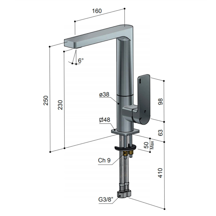 Wastafelkraan Hotbath Gal Met Draaibare Uitloop 25 cm Geborsteld Gunmetal PVD