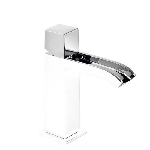 Wastafelmengkraan Tres Cuadro Exclusive Draaiknop Uitloop Gebogen 17 cm met Open Waterval Vierkant Chroom Wit 