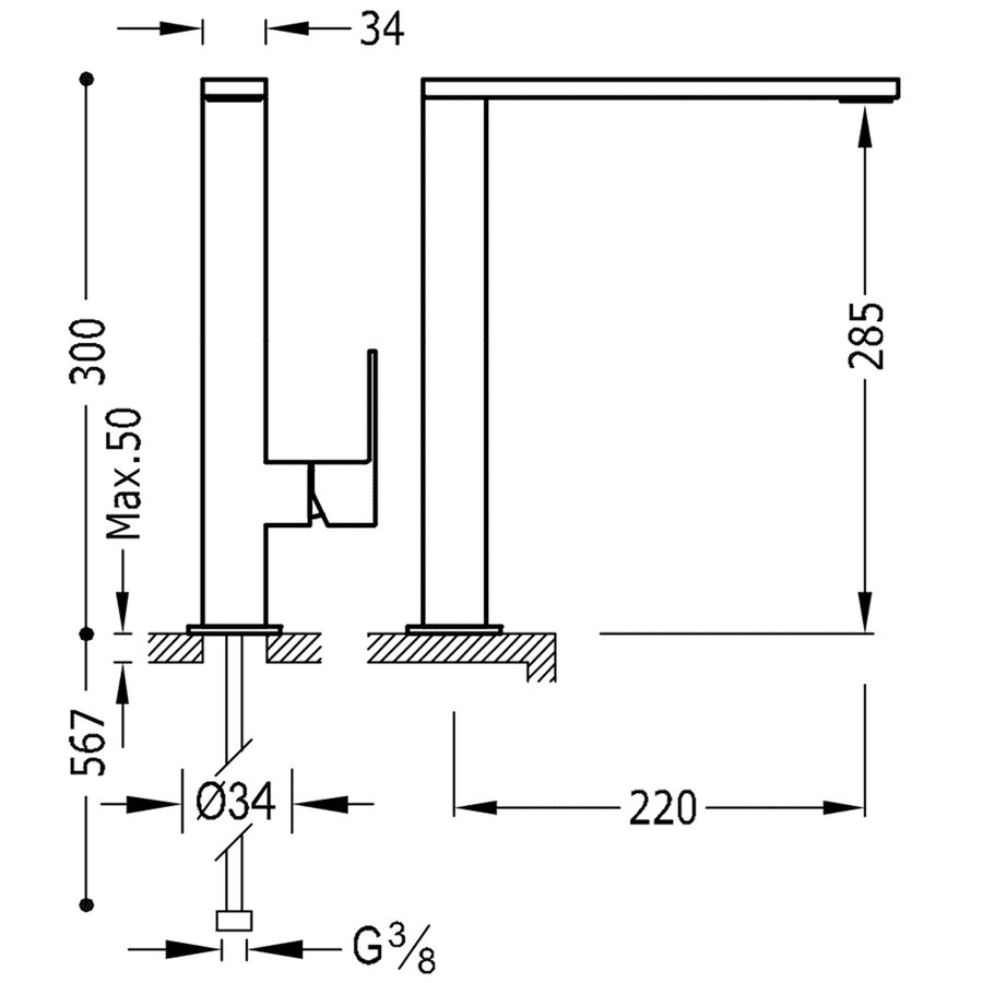 Wastafelmengkraan Tres Cuadro Exclusive 1-Hendel Hoog Uitloop Recht 28 cm Vierkant RVS