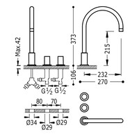 Wastafelmengkraan Tres Study Exclusive 3-Gats Kraan Links met Draaiknoppen Uitloop Gebogen 21,5 cm Rond Mat Wit