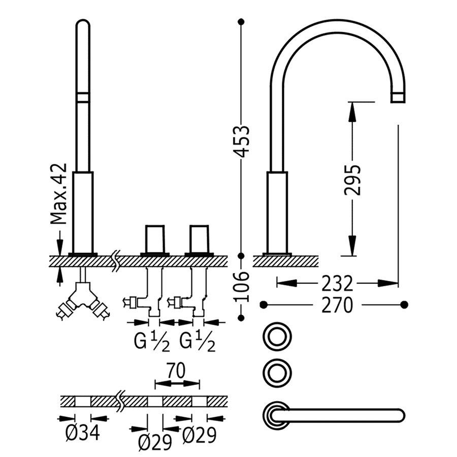 Wastafelmengkraan Tres Study Exclusive 3-Gats Kraan Links met Draaiknoppen Uitloop Gebogen 29,5 cm Rond Mat Wit