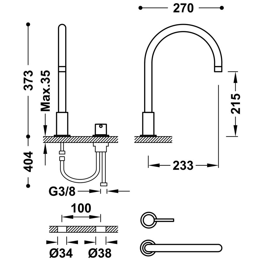 Wastafelmengkraan Tres Study Exclusive 37,3 cm 2-Gats 1-Hendel Uitloop Gebogen Rond Rosé Goud