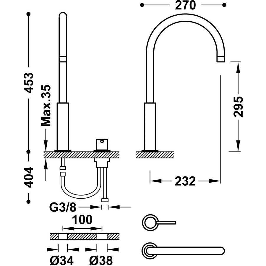 Wastafelmengkraan Tres Study Exclusive 45,3 cm 2-Gats 1-Hendel Uitloop Hoog Gebogen Rond Mat Wit