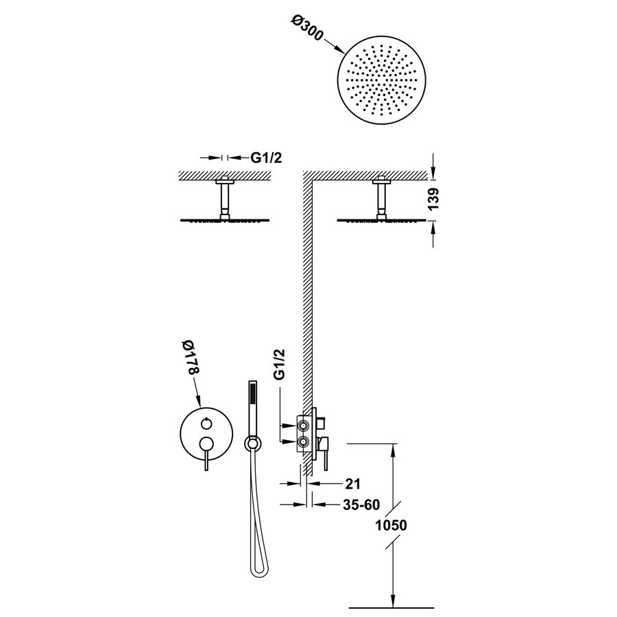 Regendoucheset Inbouw Tres Study Exclusive Rond 30 cm Met Plafondarm en Handdoucheset met Staafhanddouche Rapid Box Chroom