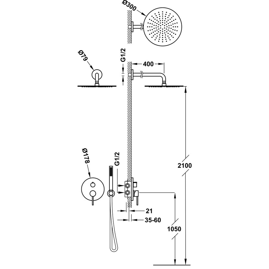 Regendoucheset Inbouw Tres Study Exclusive Rond 30 cm Met Wandarm en Handdoucheset met Staafhanddouche Rapid Box Metallic Zwart