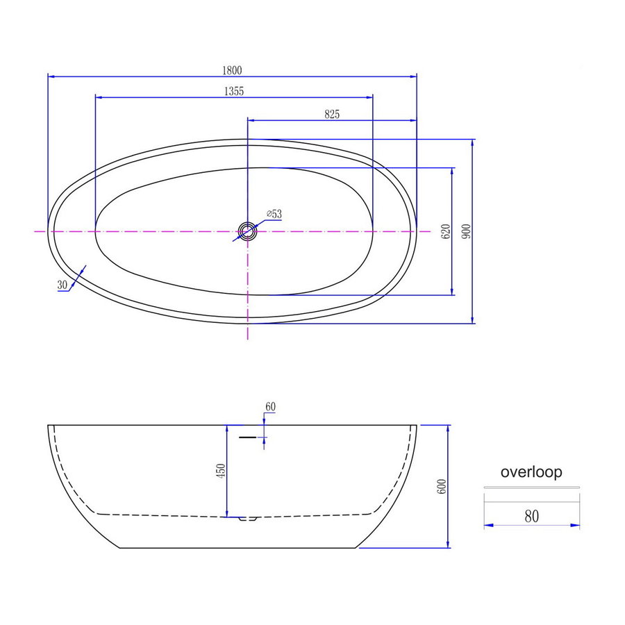Vrijstaand Ligbad Jupiter Acryl 180 X 90 Waste Wit