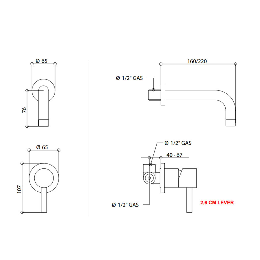 Wastafelmengkraan Inbouw Bongio Squadra 22 cm Uitloop met Installatiebrug Mat Zwart