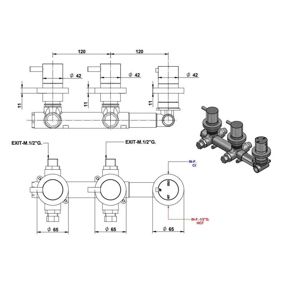 Inbouw Douchekraan Bongio Squandra Thermostatisch met 2 Stopkranen en Installatiebrug Chroom