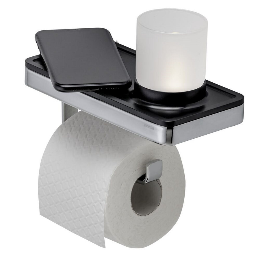 Planchet met Toiletrolhouder en Houder LED Licht Geesa Frame Zwart Chroom