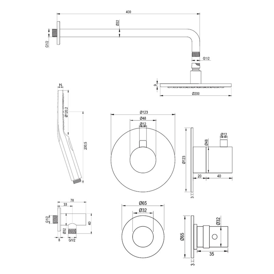 Regendoucheset Inbouw Brauer Chrome Edition Thermostatisch 20cm met Gebogen Wandarm en Handdouche 3-Standen Losse Stopkranen Chroom