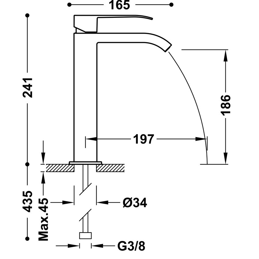 Wastafelmengkraan Tres Cuadro 1-Hendel Uitloop Gebogen Hoog 24 cm met Waterval Vierkant Mat Wit