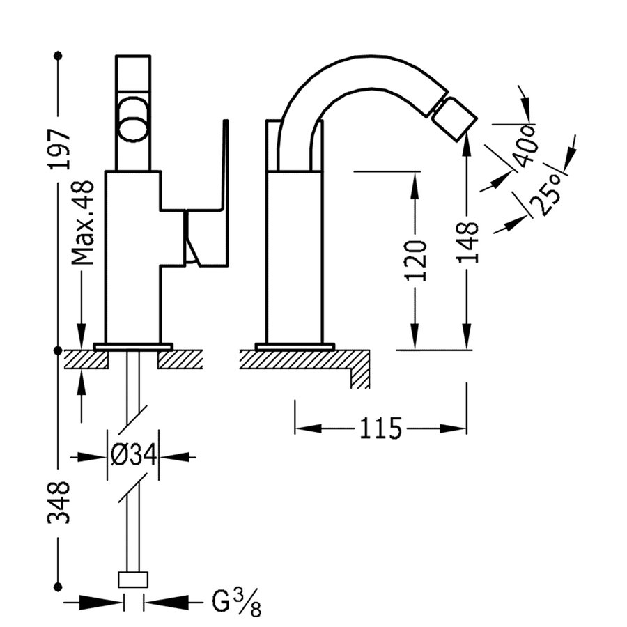 Bidetmengkraan Tres Cuadro Exclusive met Hendel Gebogen Uitloop 11,5 cm RVS