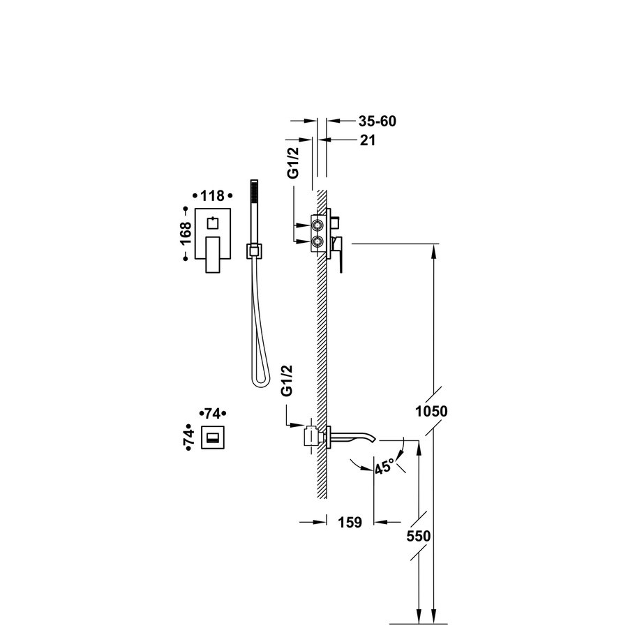 Badkraan Inbouw Tres Cuadro Exclusive met Handdoucheset, Wanduitloop en Mengkraan Mat Wit