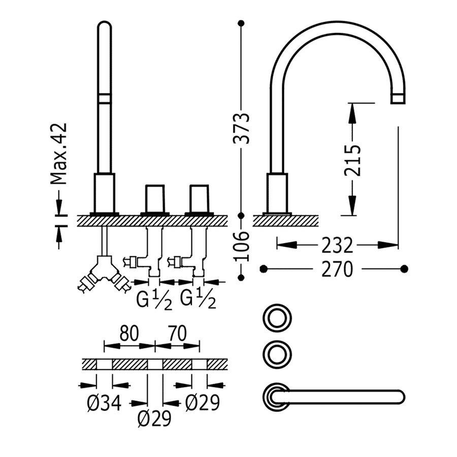 Wastafelmengkraan Tres Study Exclusive 3-Gats Kraan Links met Draaiknoppen Uitloop Gebogen 21,5 cm Rond Mat Zwart