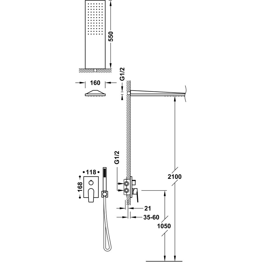 Regendoucheset Inbouw Tres Project Vierkant 30 cm Met Wanddouche en Handdoucheset met Staafhanddouche Rapid Box RVS
