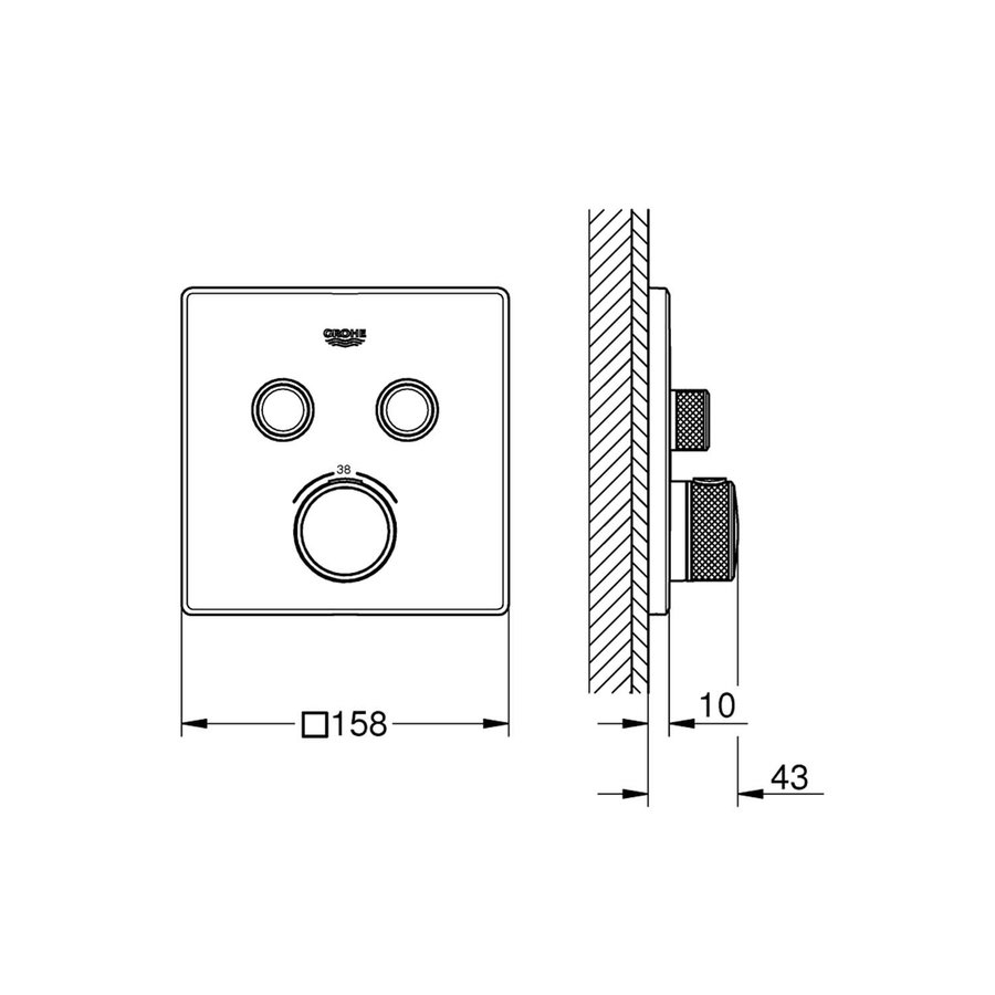 Inbouwkraan Grohe Grohtherm Smart Control Thermostaatkraan met 3-weg Omstelling Vierkant Supersteel