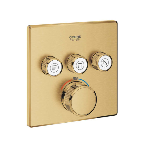 Inbouwkraan Grohe Grohtherm Smart Control Thermostaatkraan met 3-weg Omstelling Vierkant 4 knop Cool Sunrise Geborsteld 