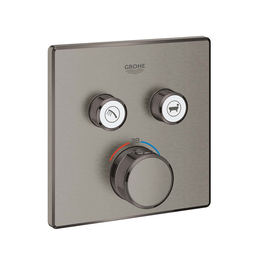 Inbouwkraan Grohe Grohtherm Smart Control Thermostaatkraan met 3-weg Omstelling Vierkant 3 Knop Hard Graphite Geborsteld