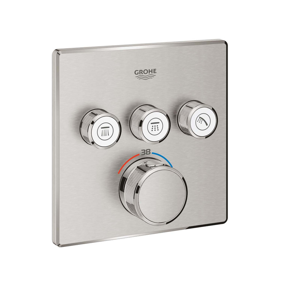 Inbouwkraan Grohe Grohtherm Smart Control Thermostaatkraan met 3-weg Omstelling Vierkant 4 Knop Supersteel