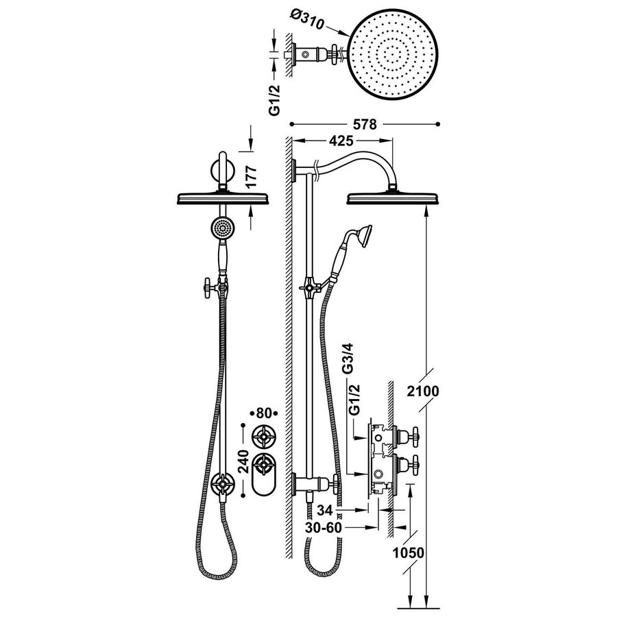 Regendoucheset Tres Clasic Opbouw Incl. Handdouche Inbouw Douchethermostaat RVS