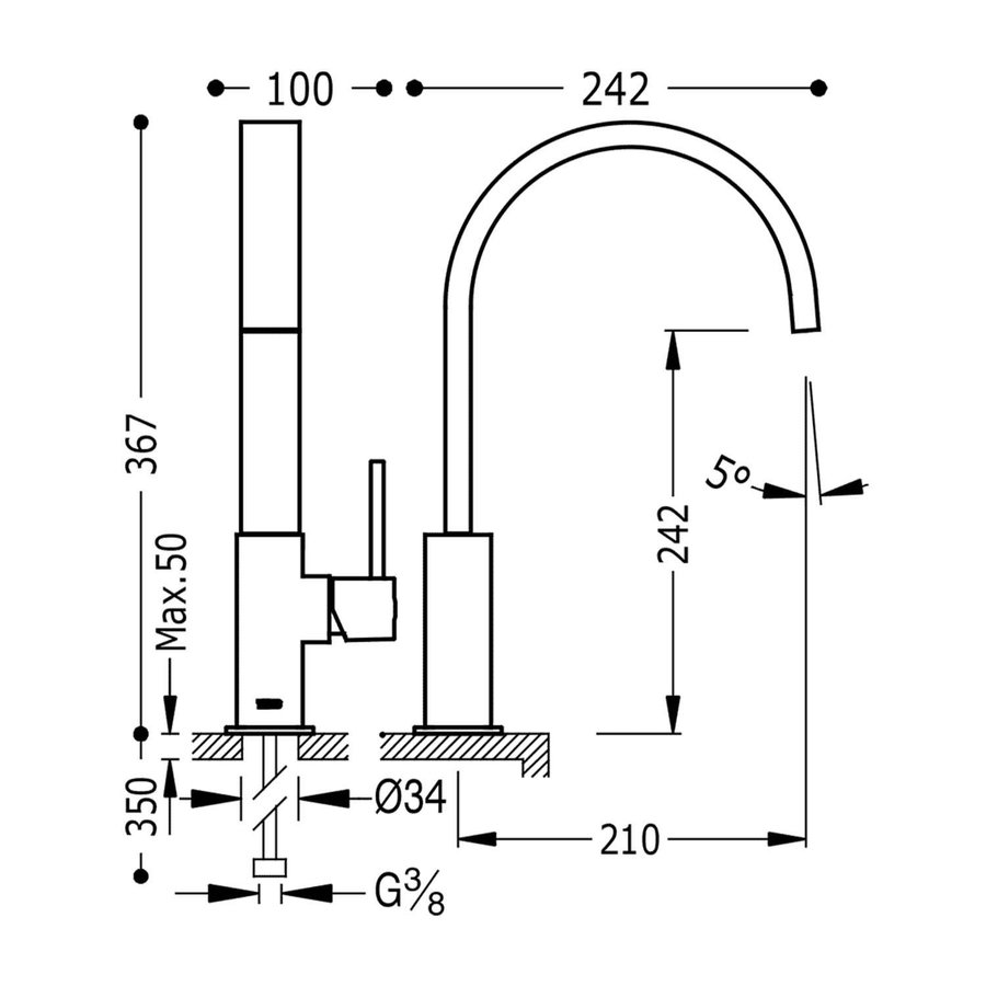 Keukenkraan Tres Cocina Gebogen Uitloop 21 cm Mat Zwart