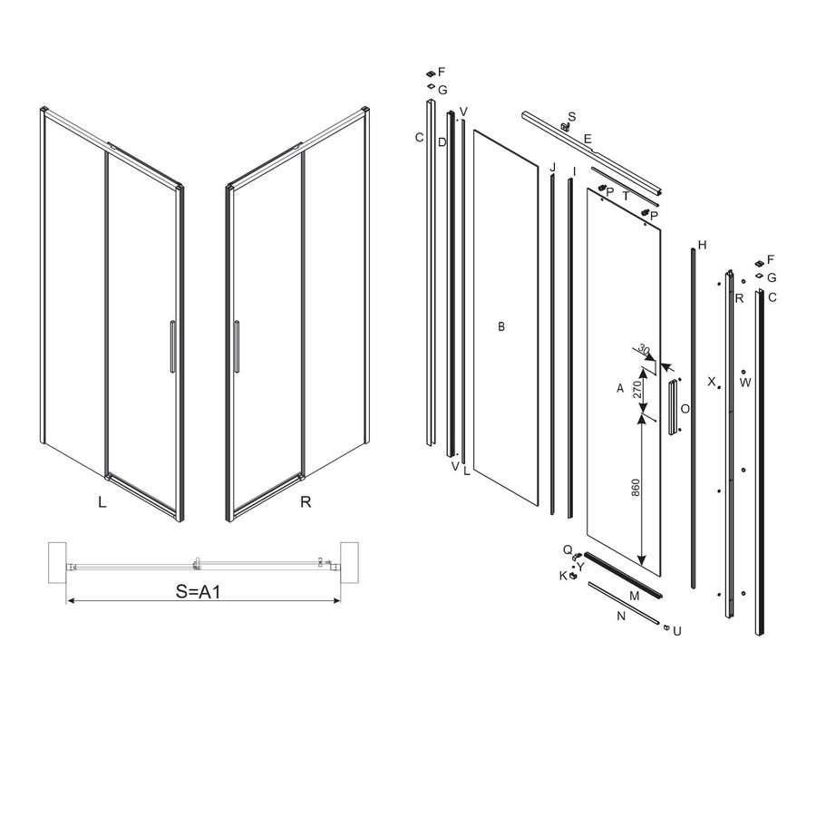 Schuifdeur Lacus Torcello Tweedelig Helder Glas 100x200 cm Aluminium Profiel Rose Goud