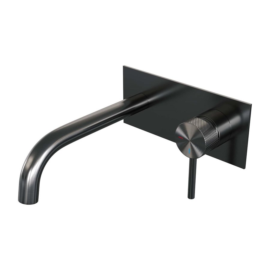 Inbouw Wastafelmengkraan Brauer Gunmetal Carving Coldstart Gebogen Uitloop Ronde Hendel Rechts Geborsteld Gunmetal Met Afdekplaat