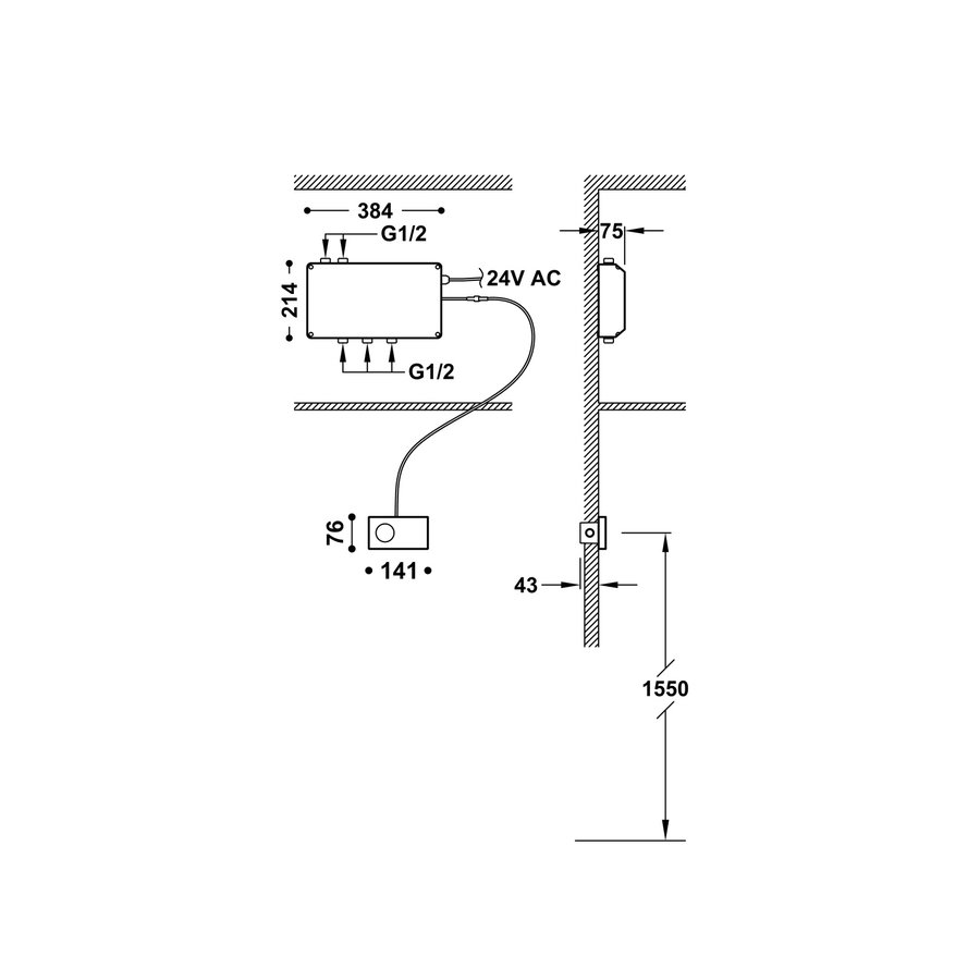 Douchethermostaat Tres Shower Technology 3-Weg Inbouw met Wandstraal Functie Wit Chrome