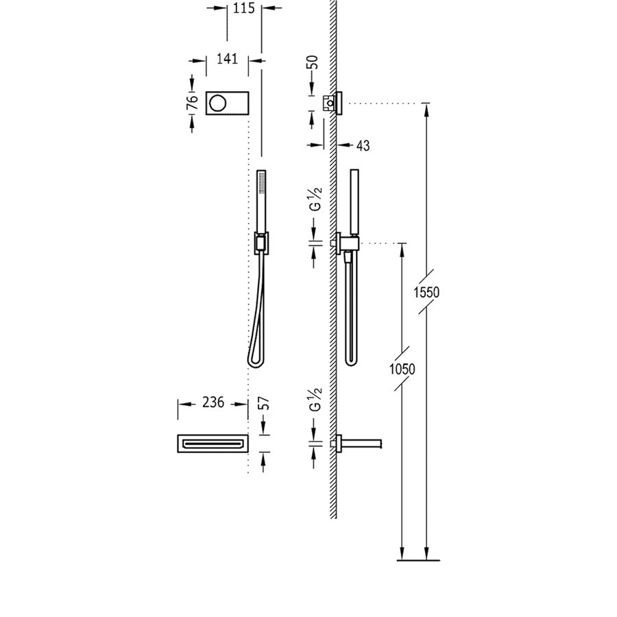 Badkraanset Tres Shower Technology Inbouw Elektrische Thermostaat 2-Weg met Waterval en Korte Handouche Mat Zwart