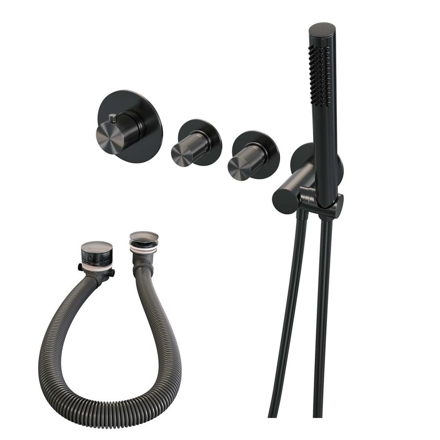 Inbouwthermostaatset Brauer Gunmetal Carving Incl Staafhanddouche En Badafvoer Geborsteld Gunmetal