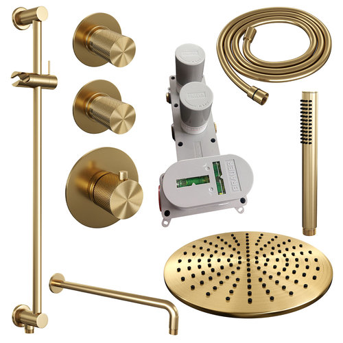 Regendoucheset Inbouw Brauer Gold Carving Thermostatisch 30cm met Gebogen Wandarm, Glijstang en Handdouche Staaf Losse Stopkranen Geborsteld Goud 