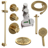 Regendoucheset Inbouw Brauer Gold Carving Thermostatisch 20cm met Plafondarm, Glijstang en Handdouche 3-Standen Losse Stopkranen Geborsteld Goud